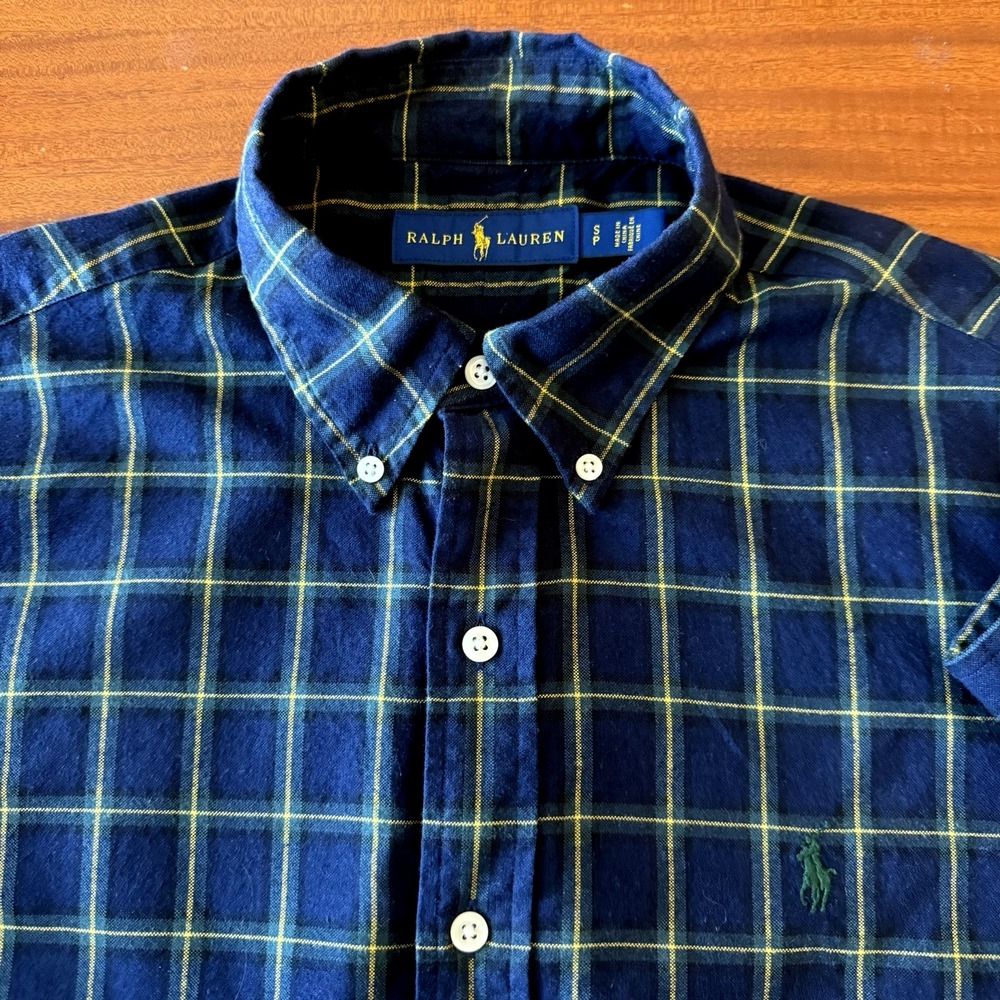 Ralph Lauren Men's Small P Black Watch Plaid Button Down Shirt Green Pony Cotton